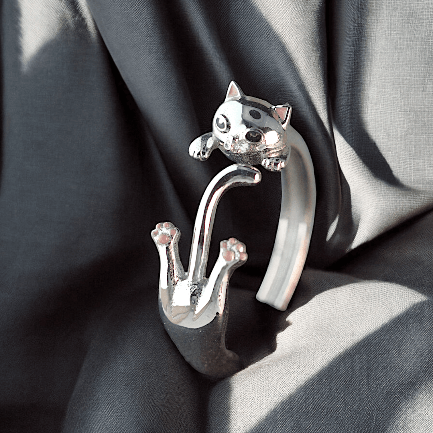 Pierścionek CZARNY BIAŁY KOT Srebro 925 powlekane czarnym złotem platynowane