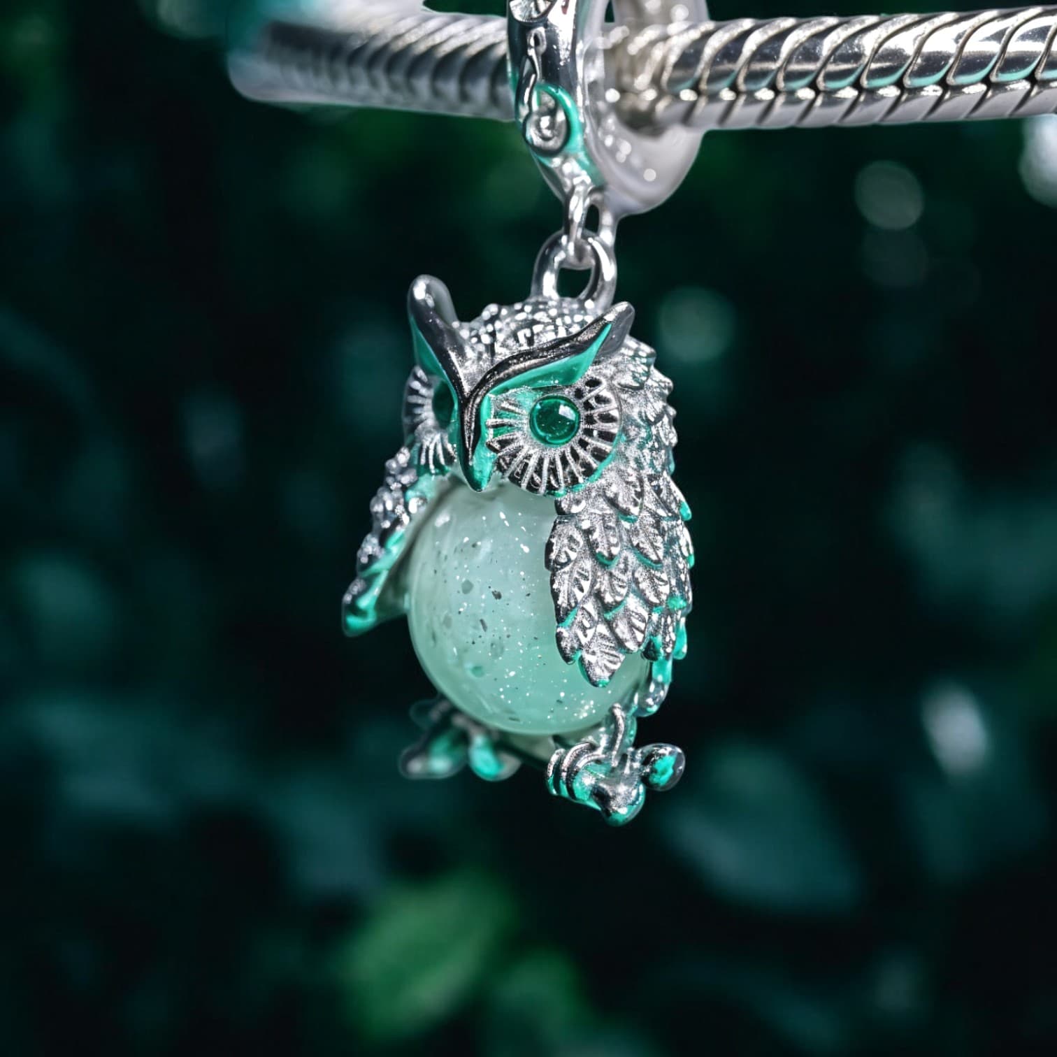 Charms zawieszka Świecąca Sowa srebro 925 luminescencyjna platyna