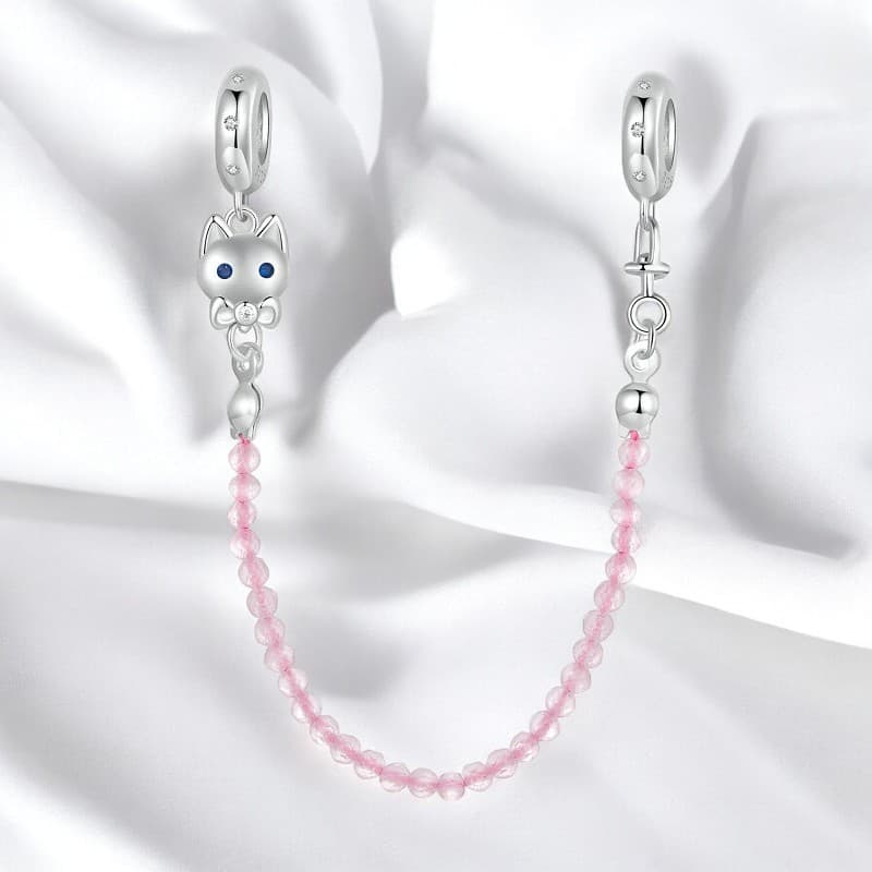 Łańcuszek zabezpieczający do bransoletki Pandora Kotek z muszką srebro 925 złoto