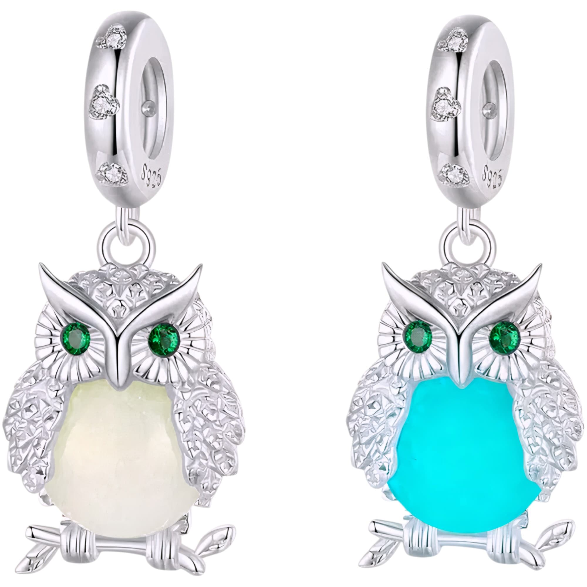Charms zawieszka Świecąca Sowa srebro 925 luminescencyjna platyna
